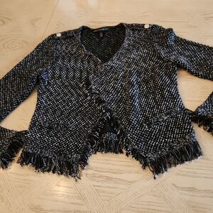 White House Black Market Textured Black and White Fringed Cardigan Size Small